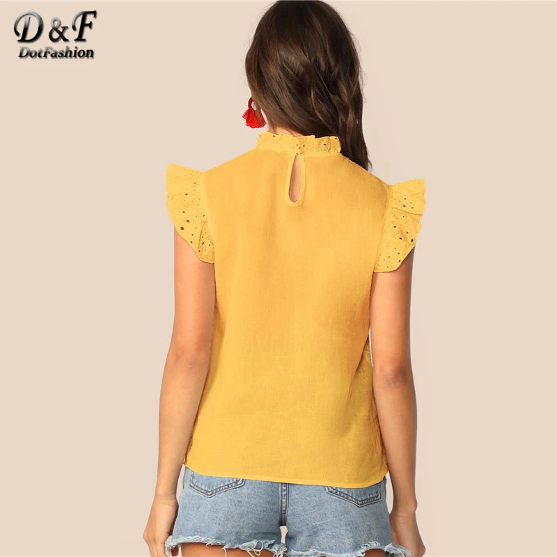 Dotfashion, однотонный топ с воротником-стойкой, с рюшами, с вышивкой, с ушками, для женщин, лето, бохо, без рукавов, одежда для девушек, модные блузки