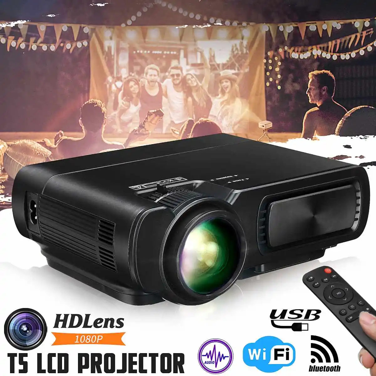 Мини-проектор T5 lcd 7000 люмен 1080P Full HD Wifi bluetooth домашний кинотеатр Android 6,0 аудио динамик домашний кинотеатр
