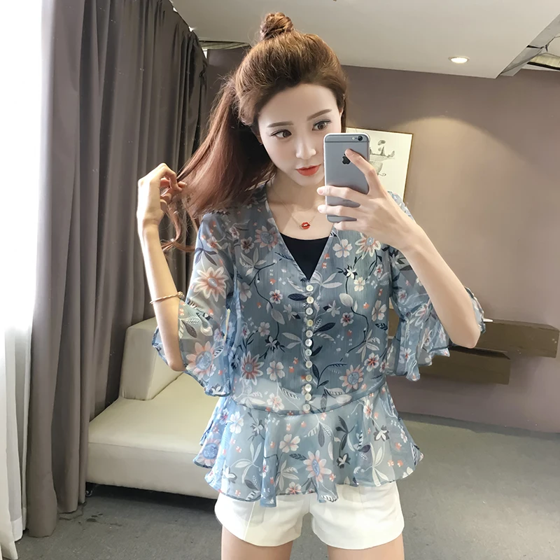 2018 Летние шифоновые блузки Цветочный принт футболка короткий рукав Для женщин