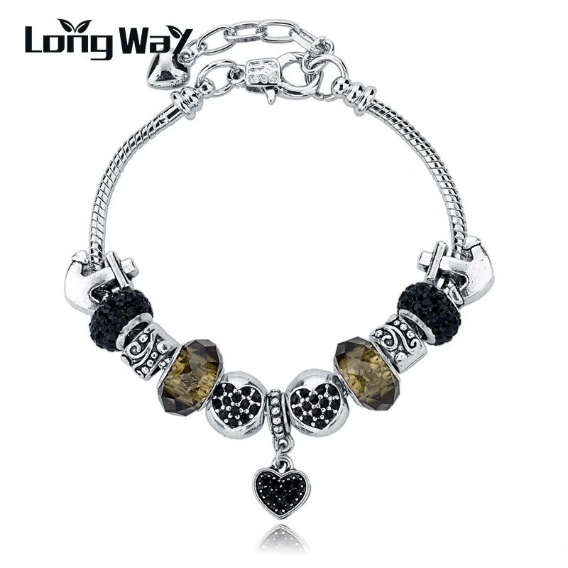 

Low Bijoux 2016 New Fashion Bracelet Black Beads With Heart Silver Plated Snake Chain Charm Bracelet For Girls SBR140682