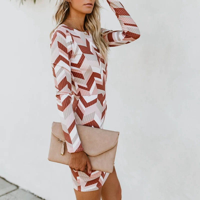 Fall Clothing For Women Bodycon Mini Dress Geometric Print Long Sleeve O Neck Sexy Tunic Draped Dresses Vestidos Slim Party Wear | Женская