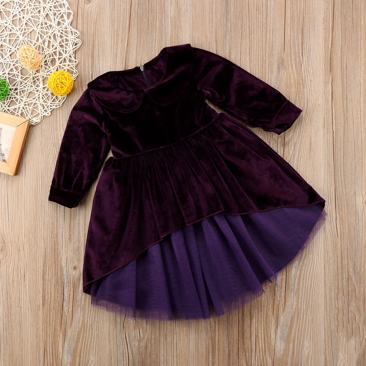 Toddler Kids Baby Girl Princess Dress Tulle Patchwork Solid Peter Pan Collar Velvet Long Sleeve Dresses | Детская одежда и обувь