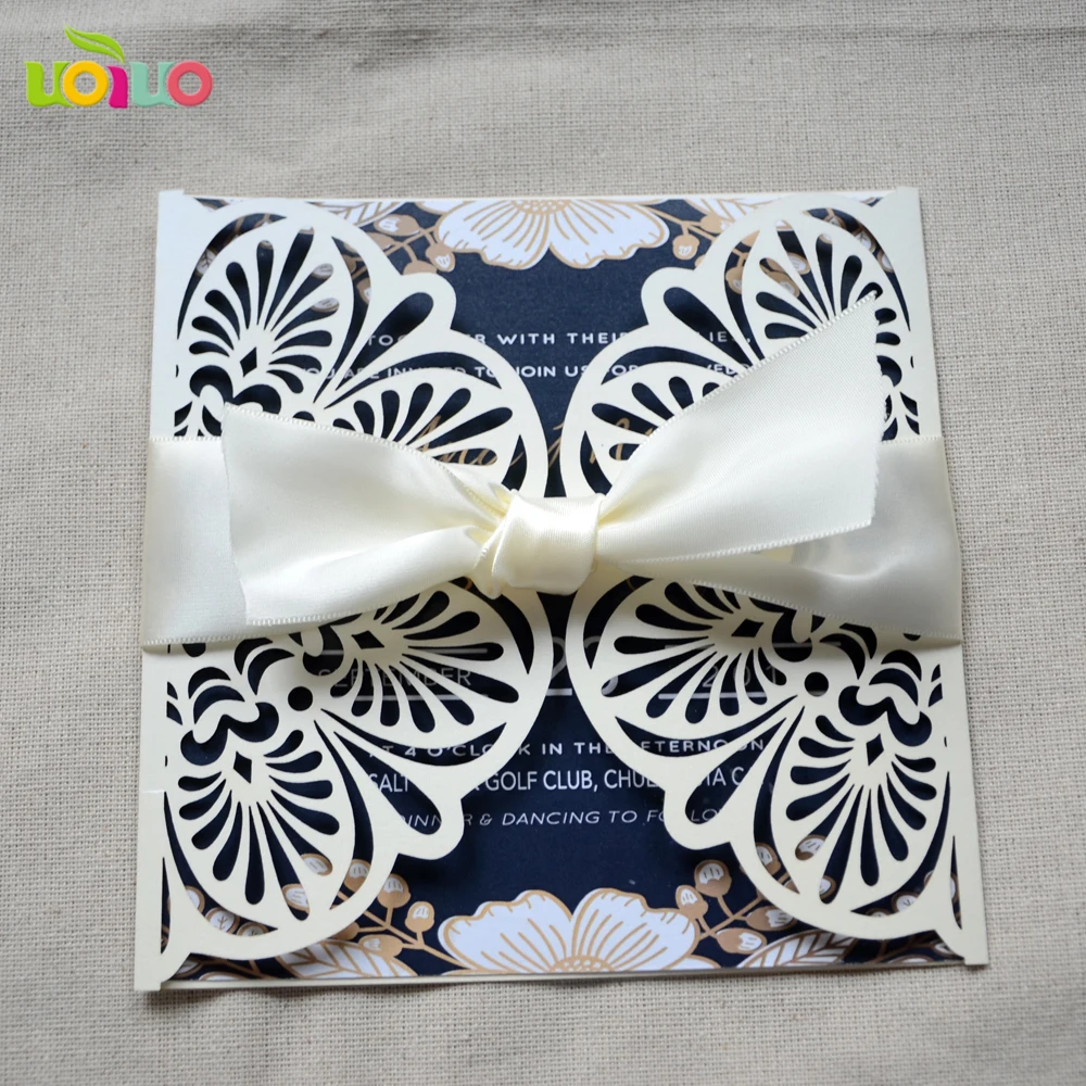 50sets with envelop fantastic laser cut lace wedding invitation card design with ribbon bow wholesale price