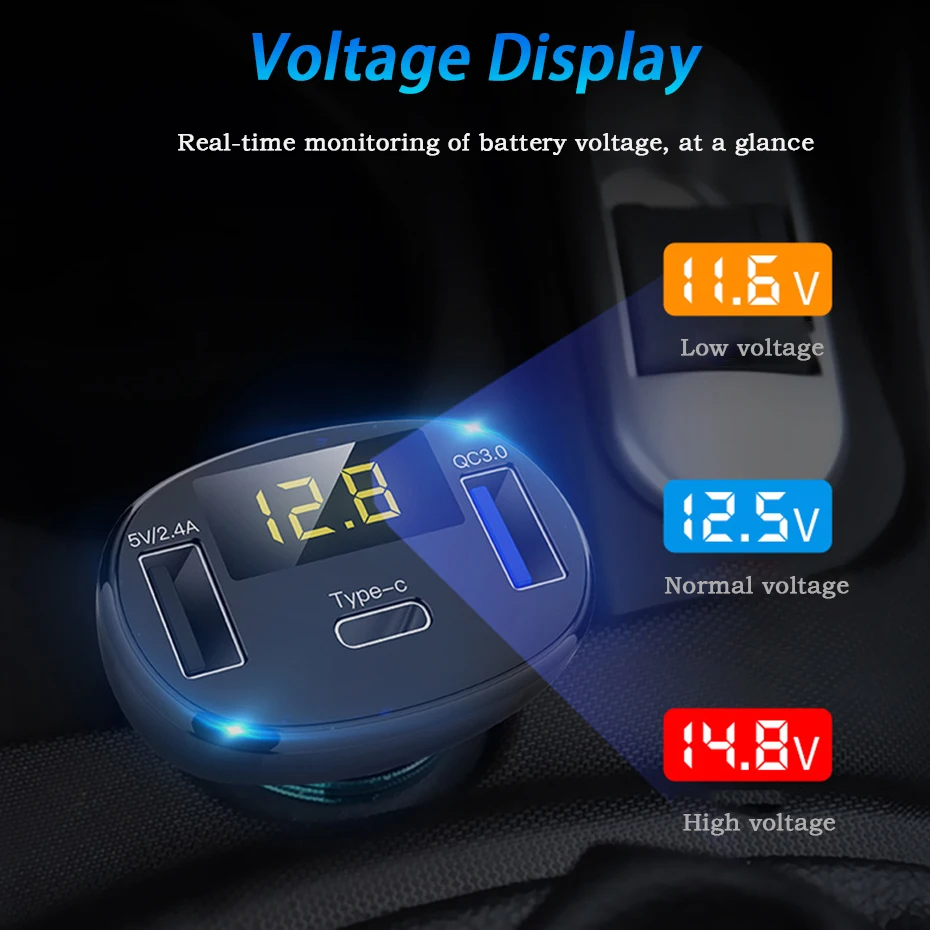 Автомобиль Dual USB Автомобильное зарядное устройство прикуривателя Тип C QC 3,0 Зарядное устройство 5V светодиодный Дисплей адаптер-разветвитель Авто гнездо зарядки электронных аксессуаров