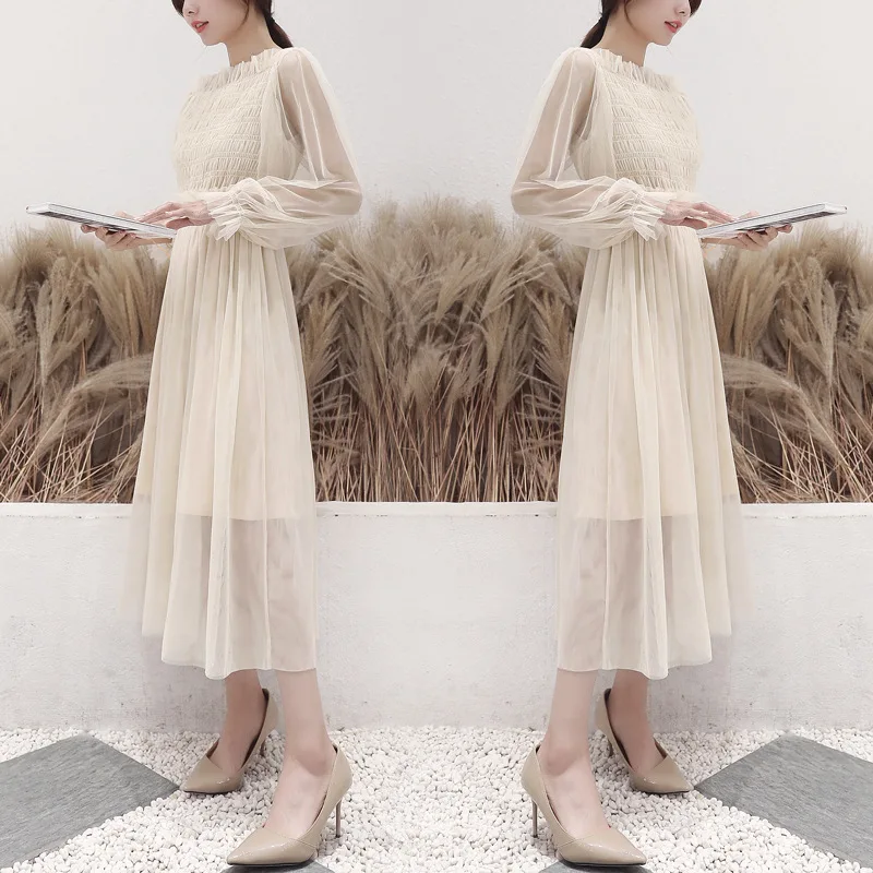 Элегантное женское длинное платье из сетчатой ткани весеннее размера плюс