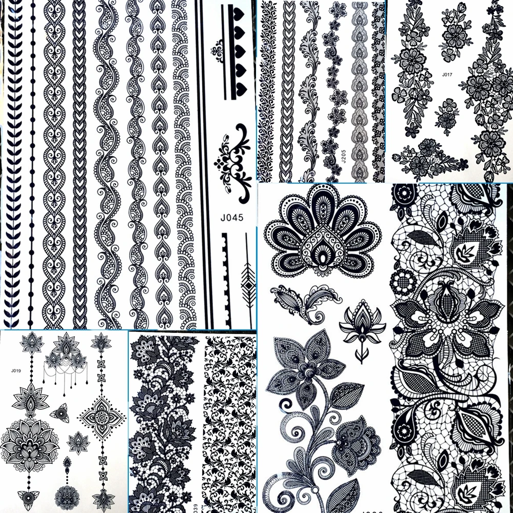 

25 Designs Black Bracelets Chains Water Transfer Henna Tattoo Sticker For Legs Hands Arm Fake Waterproof Flower Large Lace Tatoo