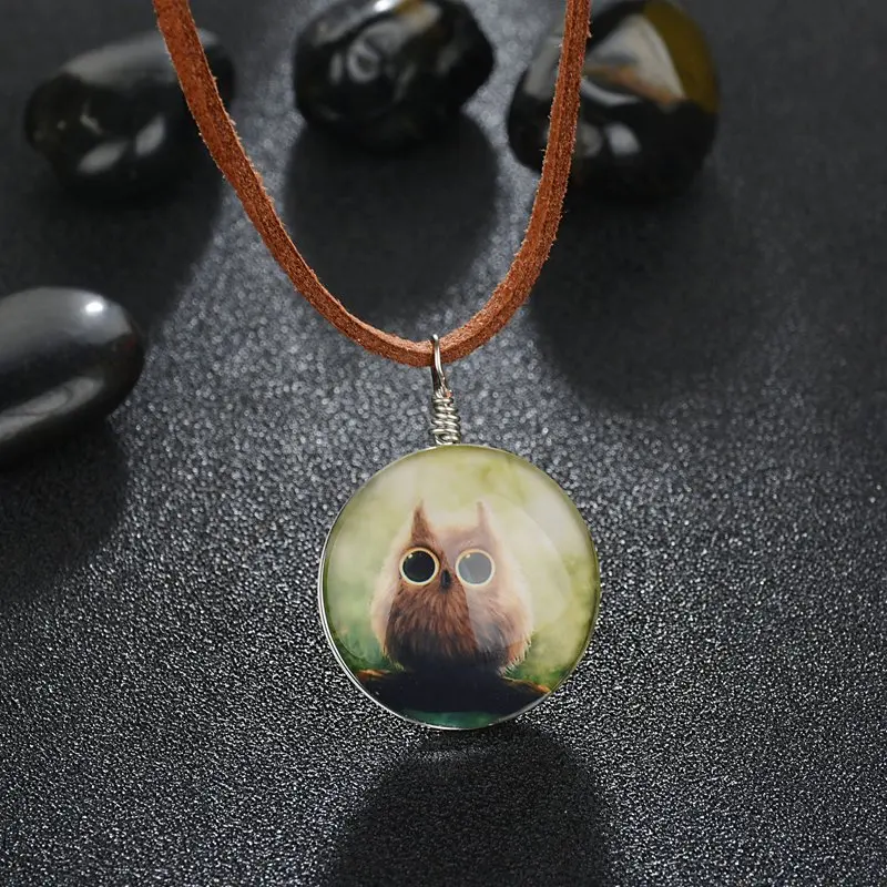 MissCyCy Vintage Leather Chain Duplex Glass Pendant Necklace Women Lovely Owl Necklaces Handmade Jewelry Accessories | Украшения и