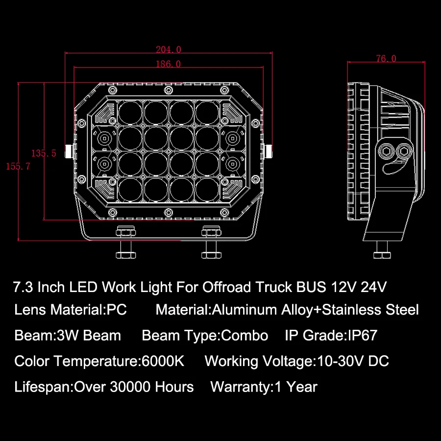 

7.3 Inch 60W LED Front Bumper Work Light For F150 F550 Tundra Offroad Truck BUS Heavy Duty 12V 24V