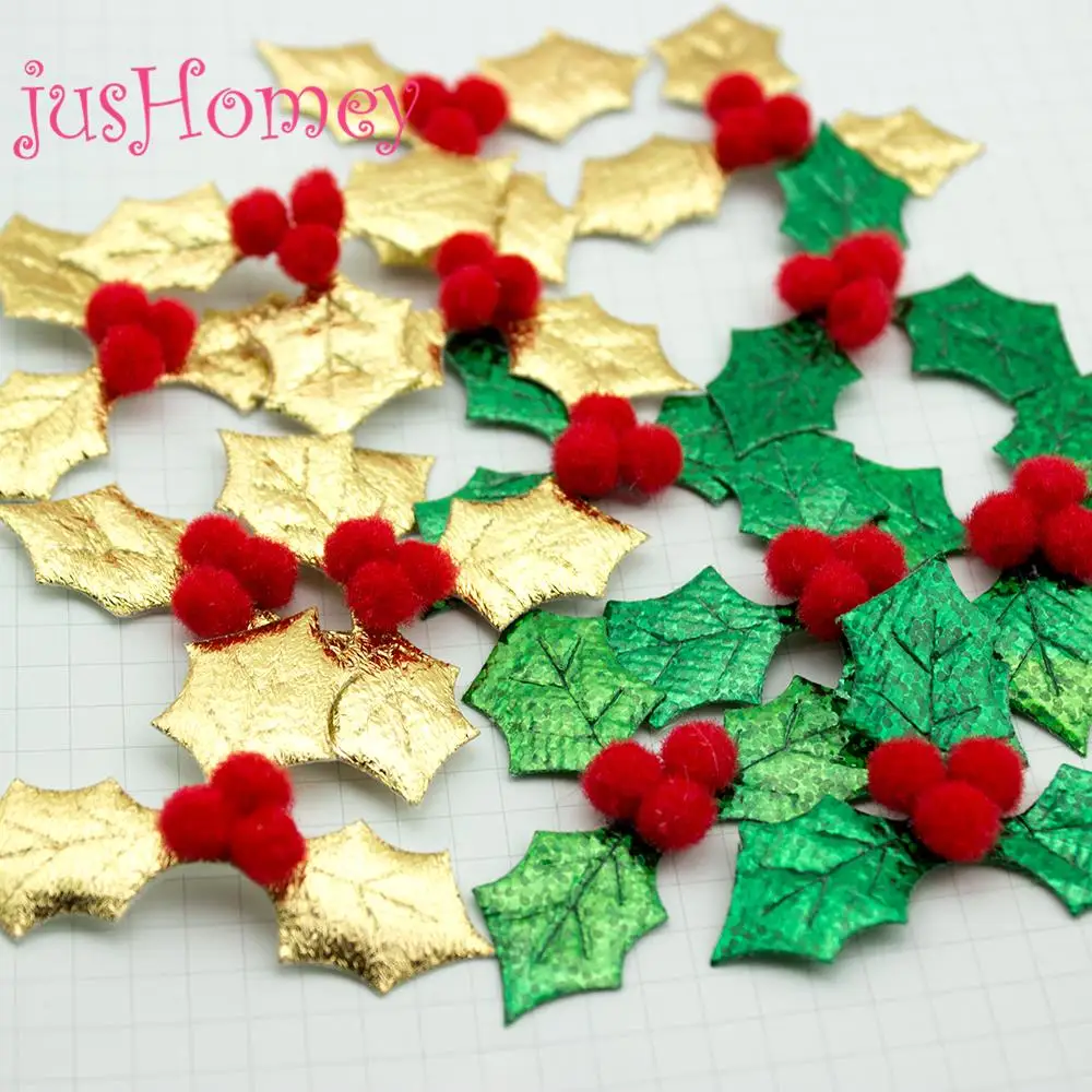 100pcs Glitter Christmas Holly Appliques 50x45mm Gold, Green Holly Leaf w/ Red Pompom Berry for Christmas Decoration, Scrapbook