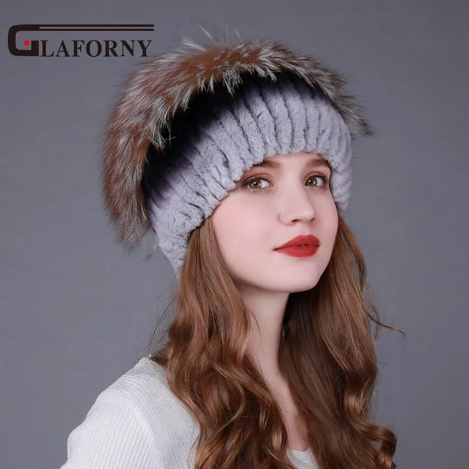 Женские зимние меховые шапки Glaforny теплые из меха кролика рекс с помпонами енота