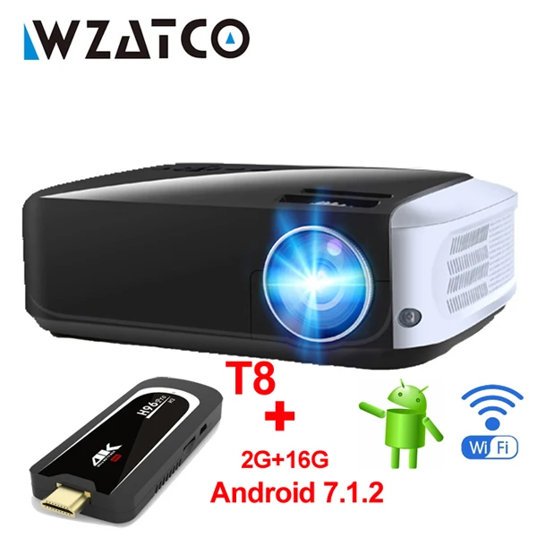 T8 With Android 7.1 WZATCO T8 Android 9,0 wifi 4G 32GB Дополнительно 1080P Full HD светодиодный проектор HDMI портативный домашний кинотеатр Proyector мультимедийный проектор с технологией Bluetooth - Цвет: T8 With Android 7.1