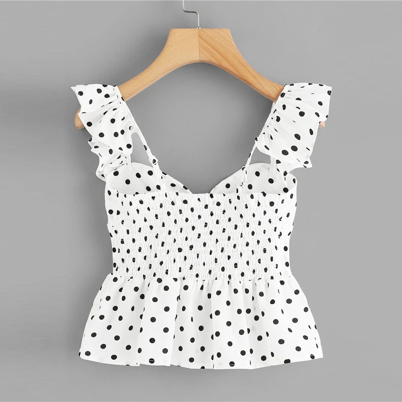 COLROVIE, темно-синий, крученый, в горошек, Boho, укороченный топ с баской, Женская Сексуальная Блузка, рубашка,, летняя, белая, для отдыха, для девушек, блузки