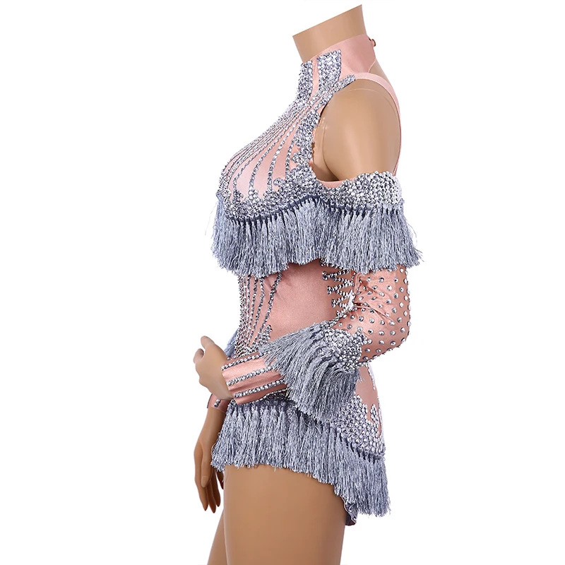 Женский комбидресс с кисточками серебристый для выступлений танцевальный трико