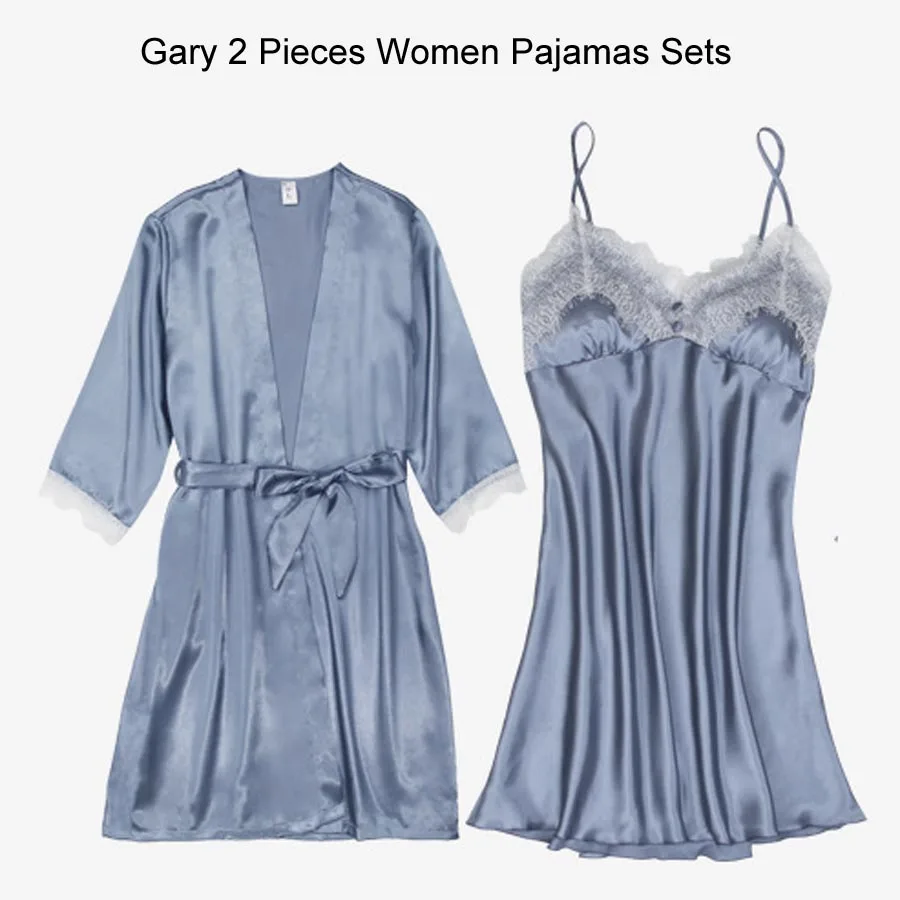 Gray Pajama Set (3) Сексуальный халат и платье наборы для женщин атласная одежда для сна комплект из 5 предметов летний домашний вечерний комплект с платьем Slik кружевное ночное белье халат сексуальное ночное платье - Цвет: Gray Pajama Set (3)