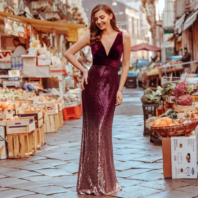 Ever Pretty Саудовская Аравия блестками бордовые Вечерние платья Длинные Русалка v-образным вырезом велюровые пикантные вечерние платья EP00969 Robe De Soiree