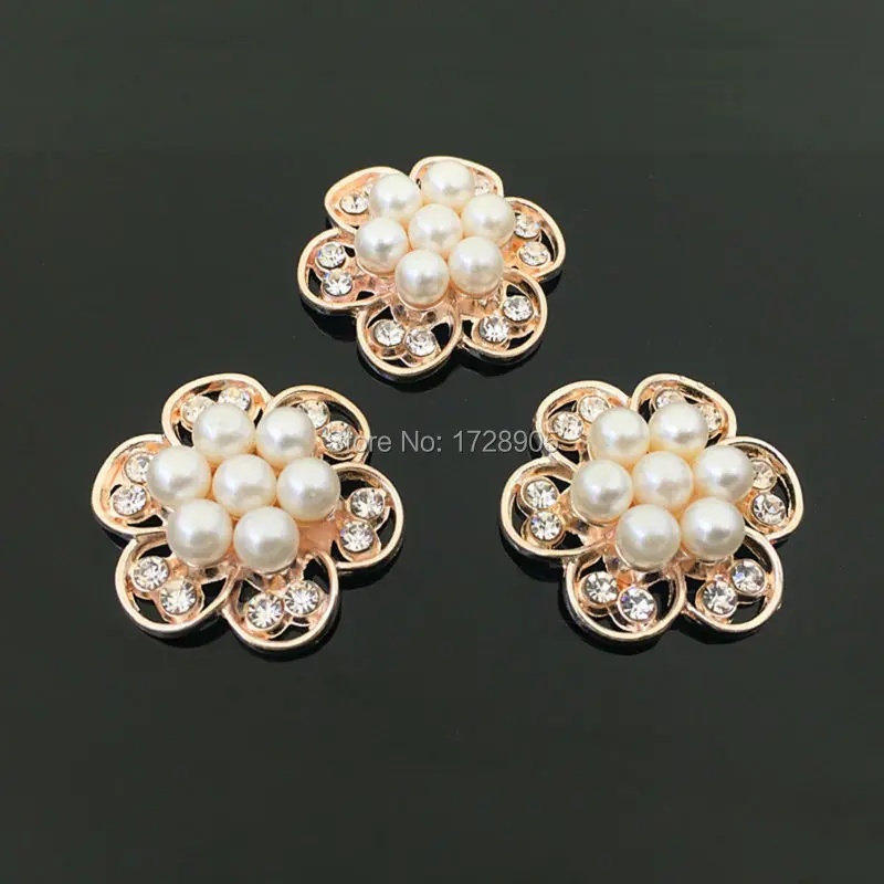 

Camellia Rhinestone Button With Pearl Cluster Hair Flower Center Wedding Embellishment for nail 10 pcs 30 mm Gold Tone Metal