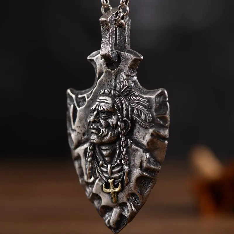 S925  silver retro Indian eagle shield tribal legend old chief men's pendant free shipping