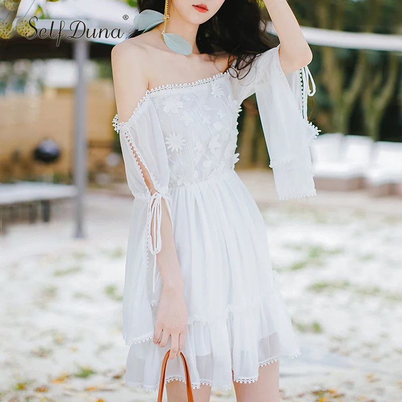 Женское Короткое платье Boho белое шифоновое с цветочной вышивкой Пляжное мини