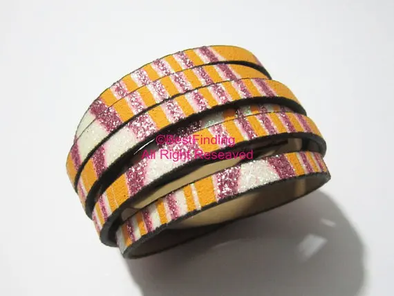

5x2mm Flat leather cord 5mm Pink & yellow glitter leather cord