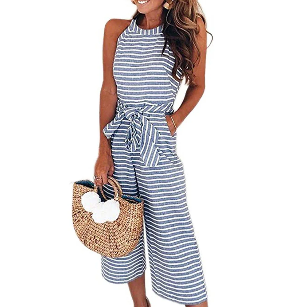 Свободный комбинезон в полоску без рукавов с поясом на талии|Женские