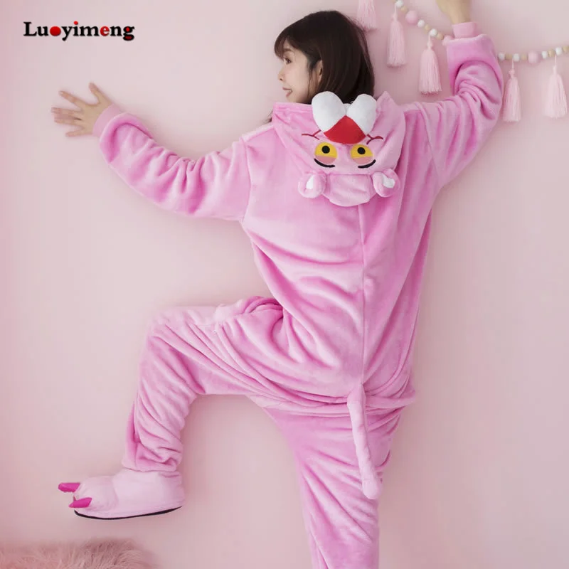 Зимний кигуруми милый розовый пантера женщина Onesie с капюшоном Комбинезоны для