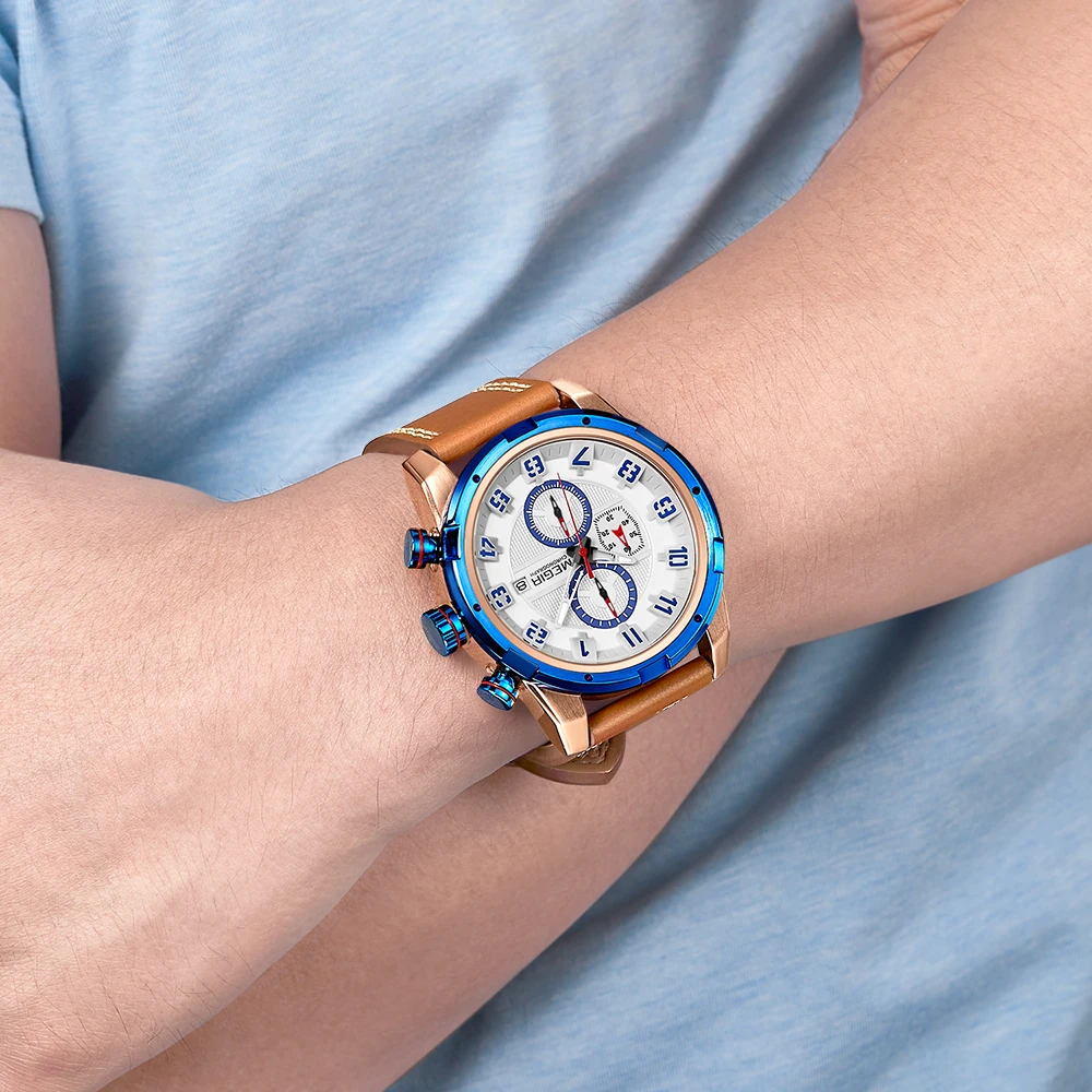 MEGIR спортивные часы для мужчин кожаные кварцевые мужские наручные армейские