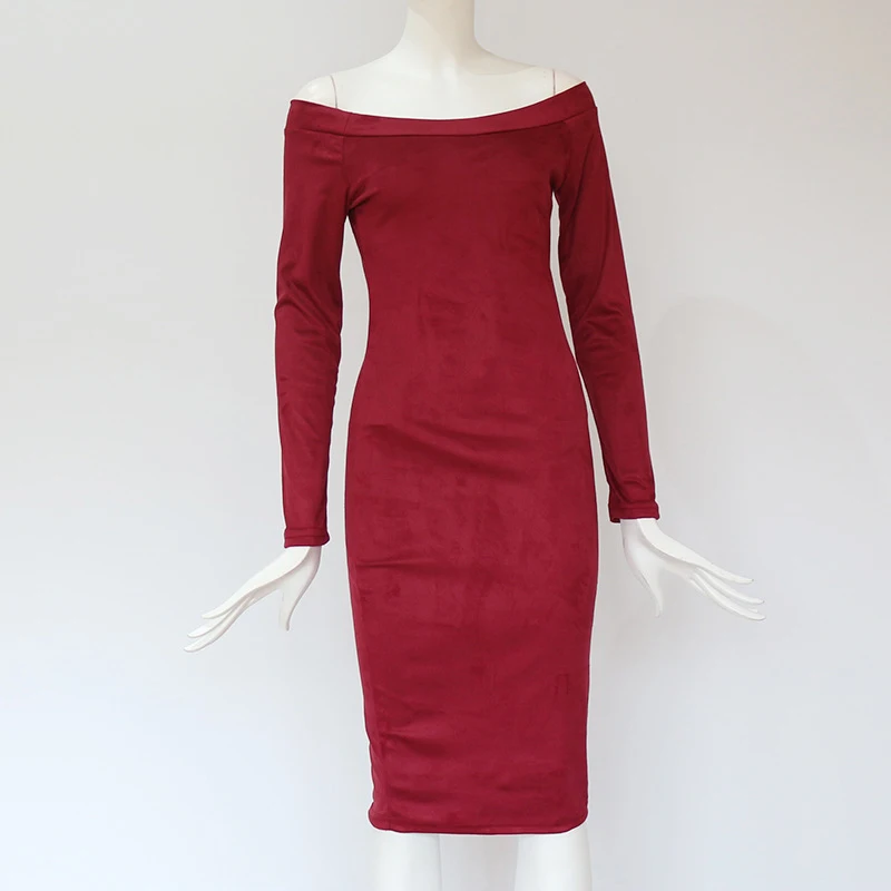 

Sexy Off The Shoulder Slash Neck Dress Women Summer Casual Long Sleeve Solid Bodycon Slim Knee-Length Empire Vestidos 2C0117