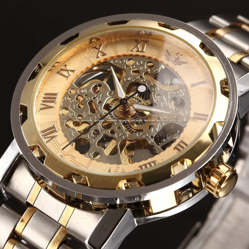 SEWOR Men Gold Black Skeleton Dial Clock Stainless Steel Strap Montre Homme Casual Mechanical Watch Mens Military Wristwatches | Наручные