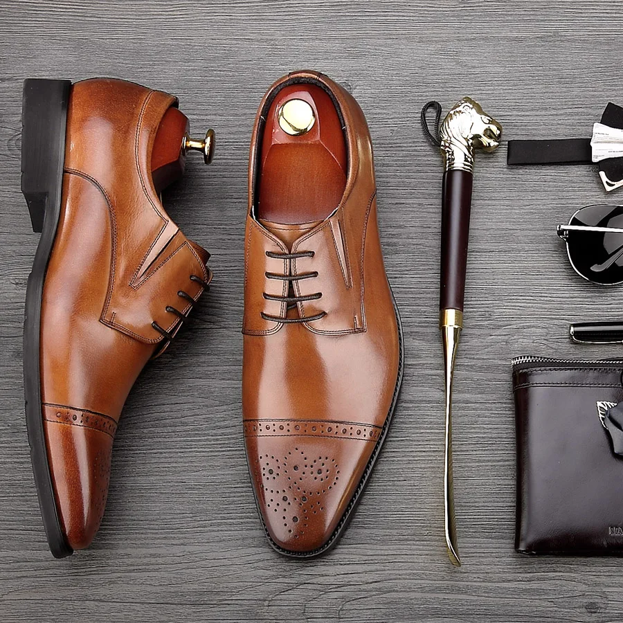 MYCORON Men Boots CasualGenuine Leather Black Brown Luxury Brand Formal Dress Wedding Business Brogues Shoes Herren Schuhe | Обувь
