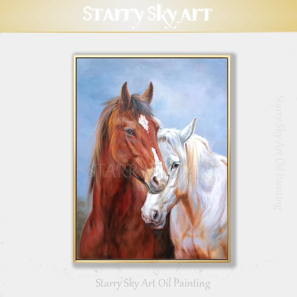 

Gifted Artist Hand-painted Animal 2 Horses Oil Painting on Canvas Realist Impressionist 2 Horses Oil Painting for Living Room