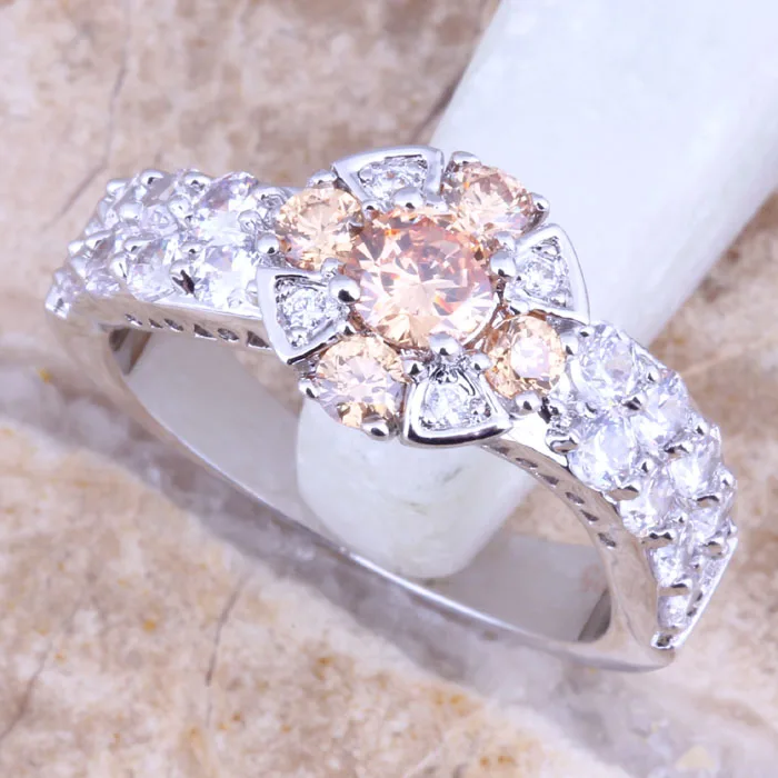 Женское серебряное кольцо цвета шампанского Morganite белое CZ Размер 6/7/8/9 R1491|bag in box