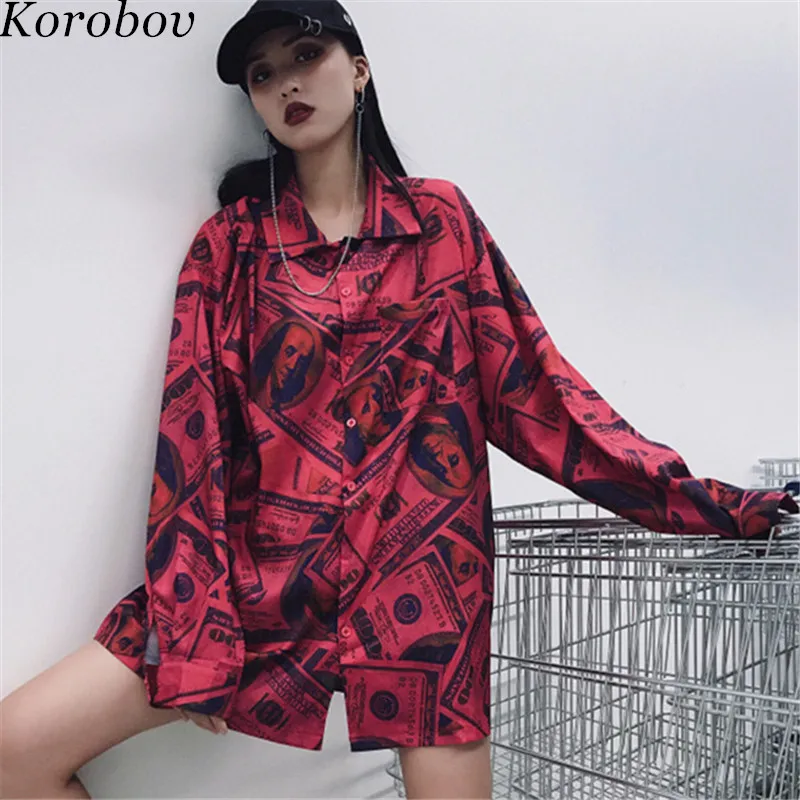 Korobov Harajuku Осенняя Женская Новинка 2019 Корейская блуза с принтом доллара свободная