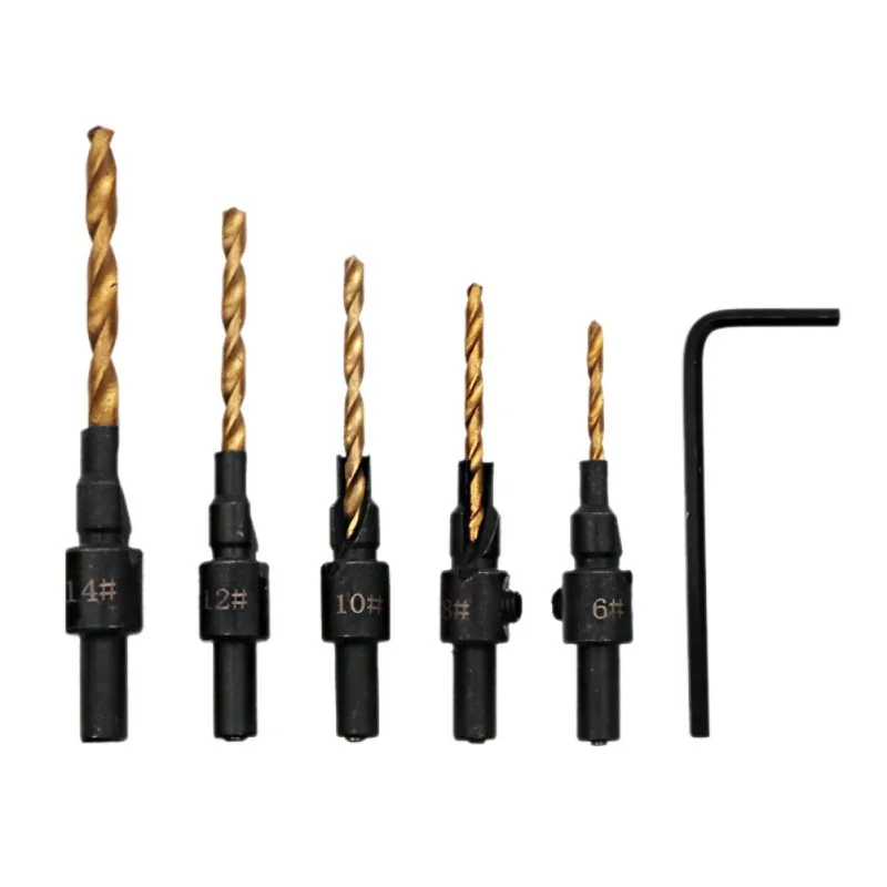 

5pcs 1/4 Round Handle Woodworking Ti Countersink Drill Bit Set Size #6 #8 #10 #12 #14 Wood Countersinks Screw