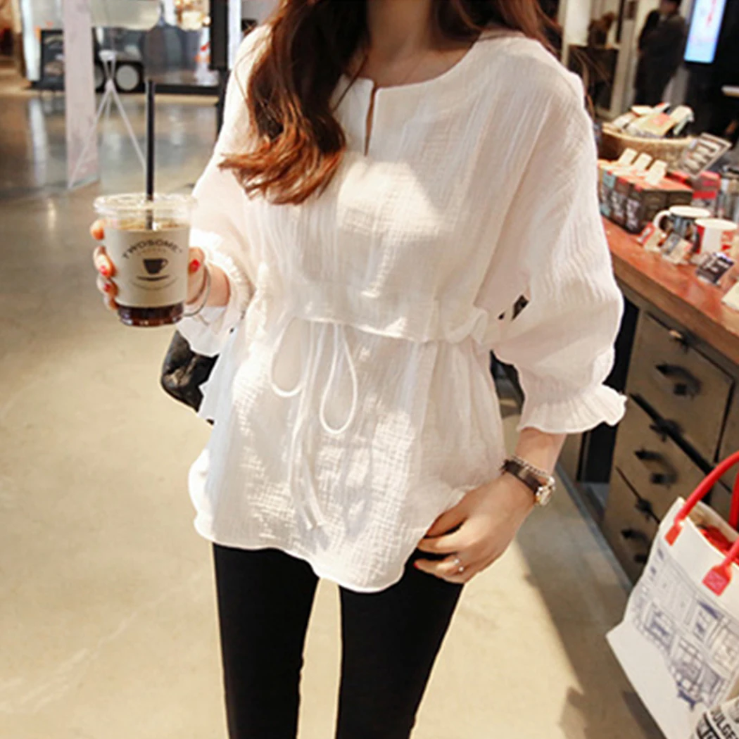 Женская блузка на шнуровке белая с оборками весна осень 2019 милые рубашки