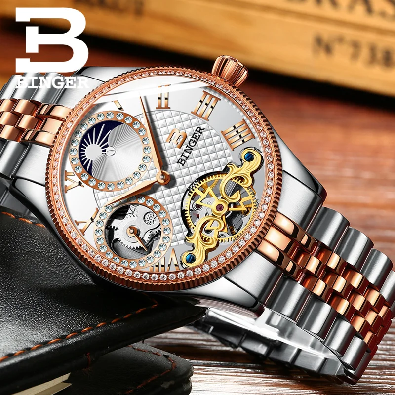 Luxury Rose Gold Men Tourbillon Watches Self Winding Mechanical Full Steel Watch Businessmen Crystal Wrist watch Moon Phase 3Bar | Наручные