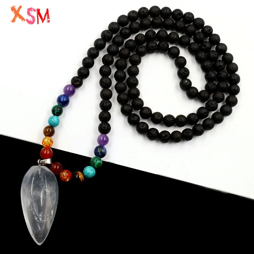 Natural White Rock Crystal Irregular Pendant Black Lava Volcanic Stone Beads 7 Chakra Long Necklace Women Charm Jewelry | Украшения и