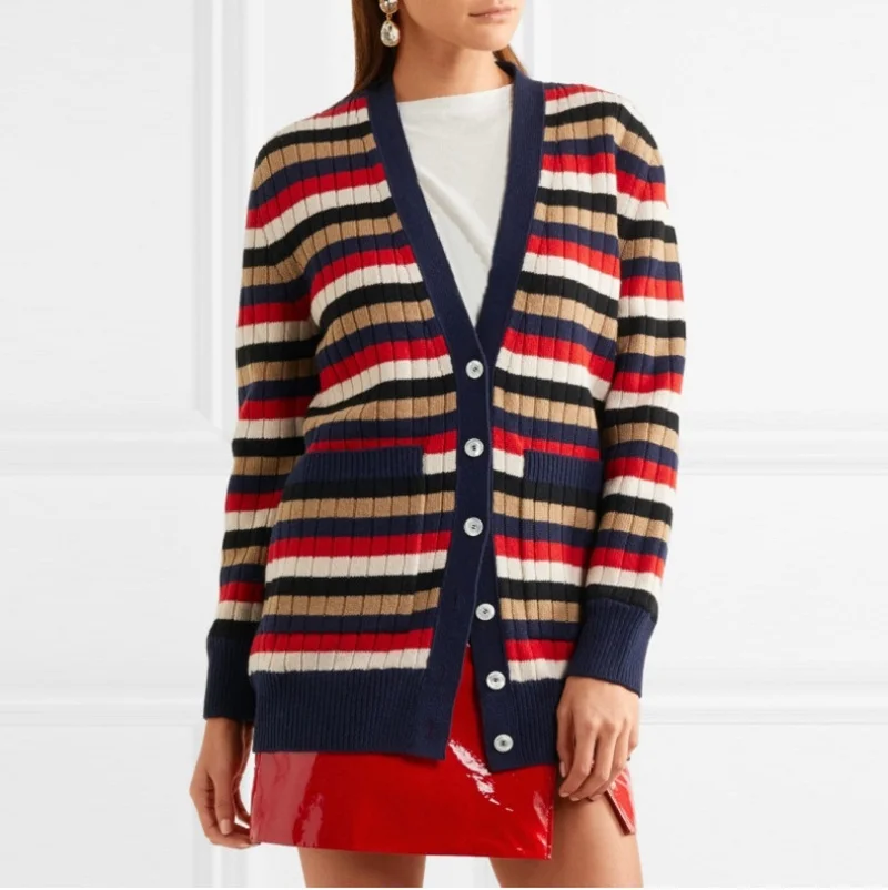 JOYDU Runway Vintage Stripes Cardigans Female 2018 New Fashion Geometric Lining V-neck Jersey Knitting Sweater Women Jacket |