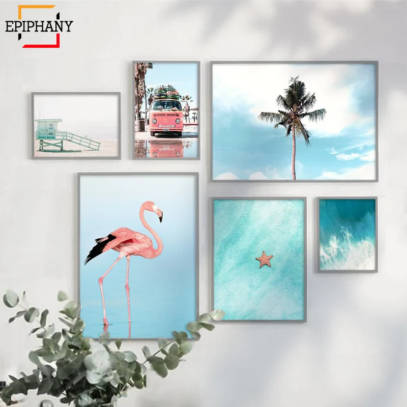 Настенный декор для пляжа с изображением фламинго морской пейзаж холст картина