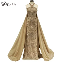 yybride designer dresses luxury halter vintage sleeveless prom dress heavy beaded long train mermaid gold evening dresses