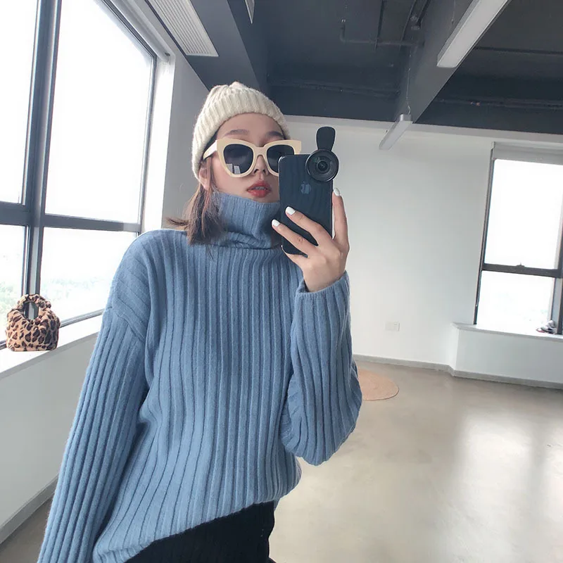 2018 Winter New Women's Pullover Sweater Casual Simple Loose Comfortable Solid Color Thick High Collar | Женская одежда