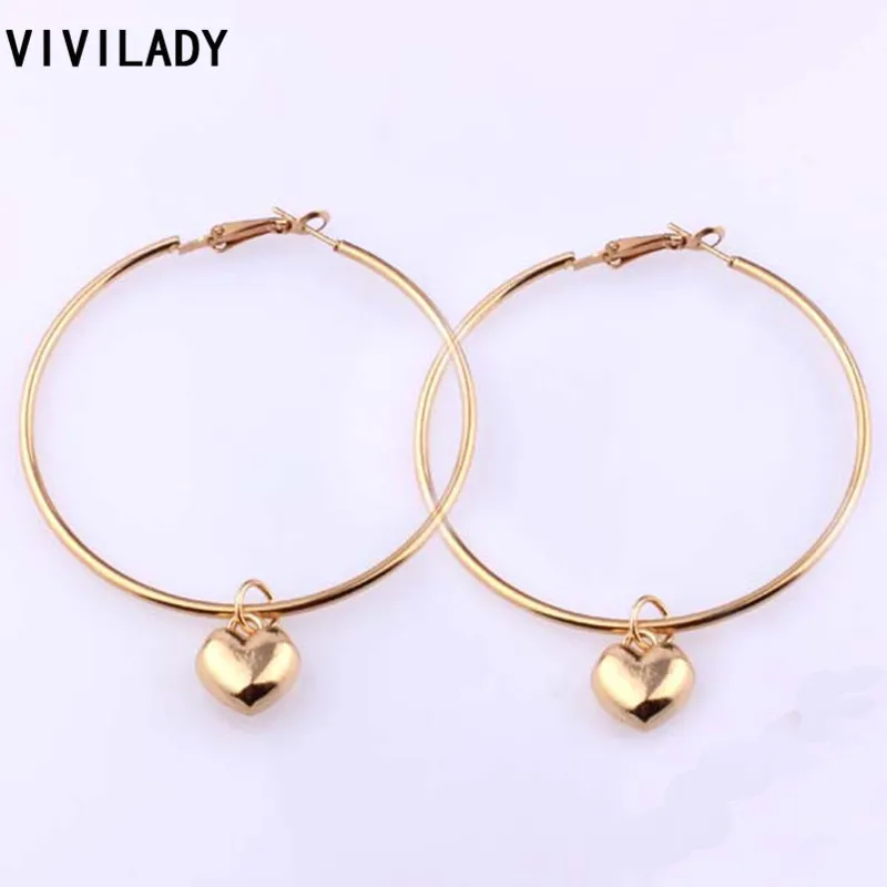 VIVILADY Fashion Mother Day Gifts Heart Charms Hoop Earrings Women Evening Party Gold Color Lead Cadmium Free Top Quality MD52 | Украшения