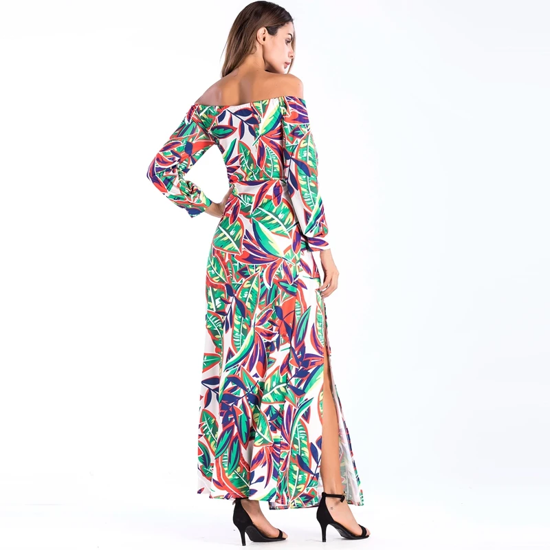 

Yilia Sexy Off Shoulder Slash Neck Side Split Maxi Boho Dress Women Long Sleeve Printed Runway Summer Long Beach Dress Plus Size