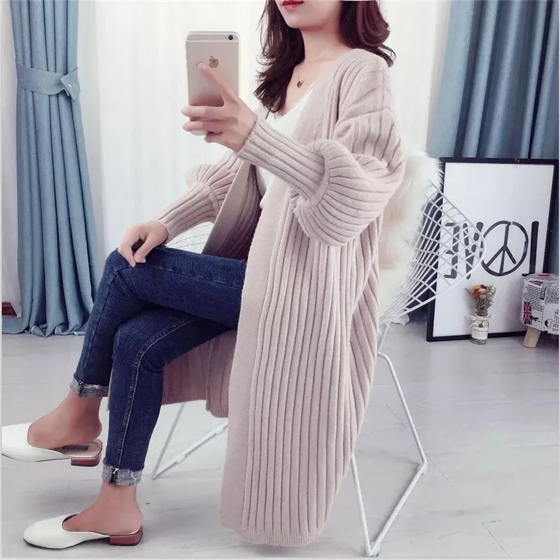 Free Size Women Autumn Long Sweater Cardigans Winter Thick Warm Solid Knitting Cardigans Puff Sleeve Slim Vestido - Цвет: Розовый