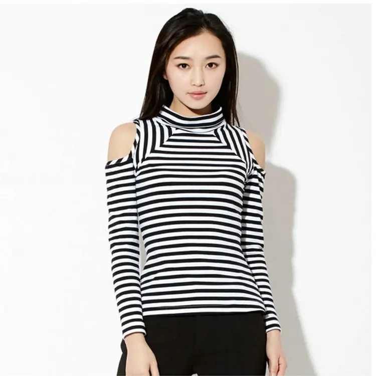 Творческий мода майка женщины-плеча с длинным рукавом стретч тонкий футболка в