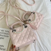 2022 elegant female pearl tote bag summer new high quality soft pu leather womens designer handbag plaid shoulder messenger bag