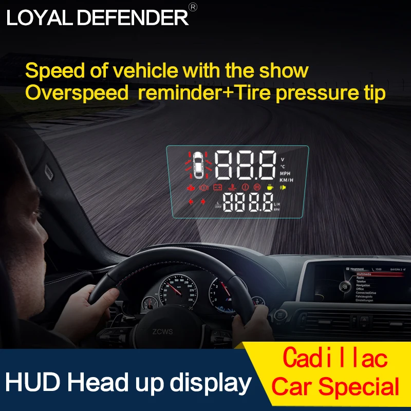 

Loyal Defender car HUD Head Up Display Windshield Projector Auto Overspeed Warning System Voltage Alarm OBD2 Car for Cadillac