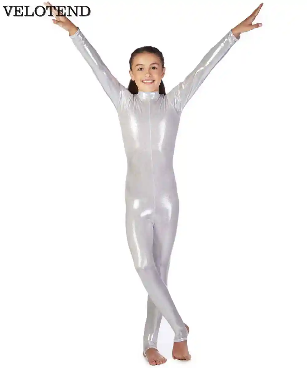 VELOTEND обувь для девочек металлик с длинным рукавом Unitards Stirrups Дети Водолазка