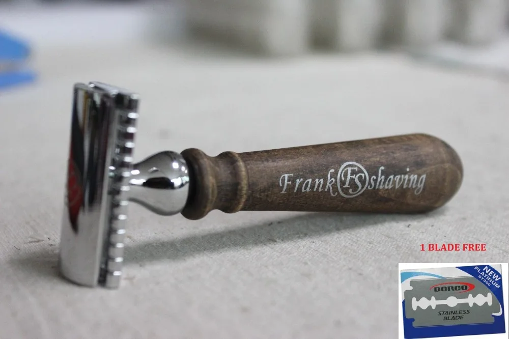 Двойная Безопасная бритва Frank с деревянной ручкой + бесплатное лезвие Бесплатная