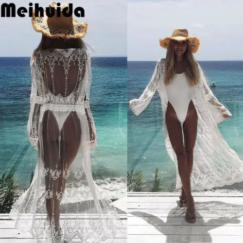 Meihuida, кружевное женское пляжное платье, Сетчатое, цветочное, бикини, накидка, праздничная, с длинным рукавом, женская пляжная одежда, Лидер продаж, накидка