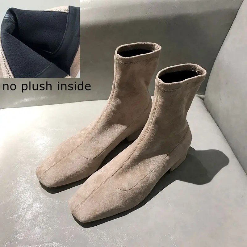 no plush apricot YINKOGET/модные брендовые женские ботинки из флока на среднем каблуке удобные ботильоны для отдыха осенне-зимние ботинки с острым носком для девочек - Цвет: no plush apricot